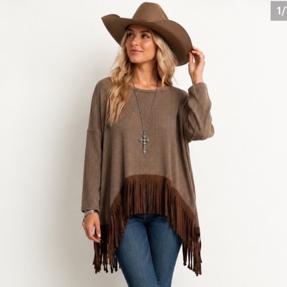 Western Tunic Top Waffle Knit Fringe Large Brown Boho Long Sleeve